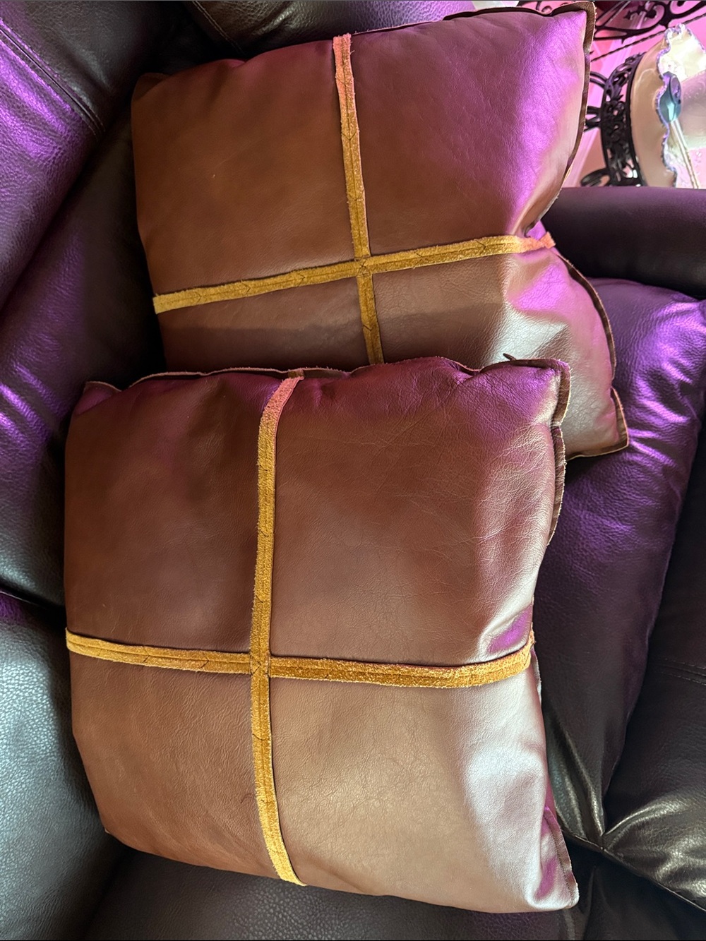 Leather, Brown Accent Pillow with Gold Trim - Home Accents.vintage 16by16 .